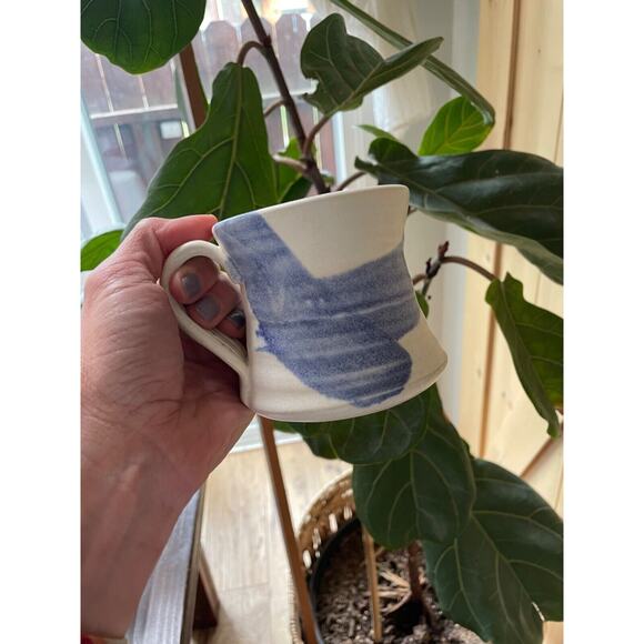 Signed pottery coffee mug blue and white EUC - Picture 1 of 7